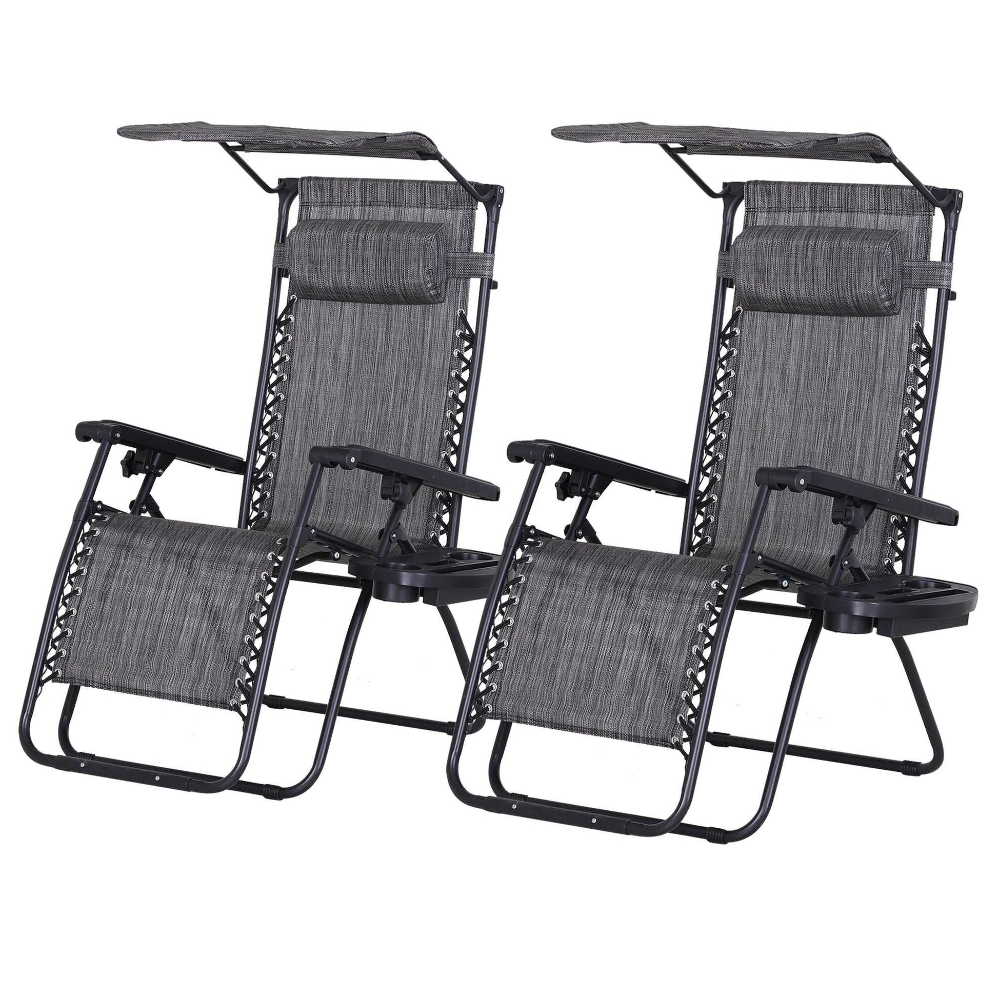 2 Piece Foldable Reclining Garden Chairs with Headrest, Zero Gravity Deck Sun Loungers Seat Chair with Footrest, Armrest, Cup Holder & Canopy Shade