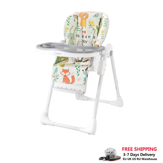 UBRAVOO Baby Foldable Highchair 0 Months Plus Fantasy Realm, Reclining, Double Tray (Animal World)