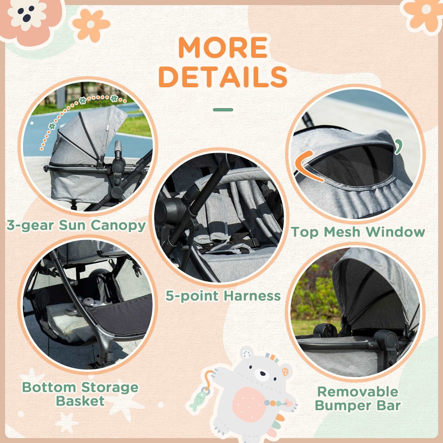 2 in 1 Lightweight Pushchair w/ Reversible Seat, Foldable Travel Baby Stroller w/ Fully Reclining From Birth to 3 Years, 5-point Harness Grey