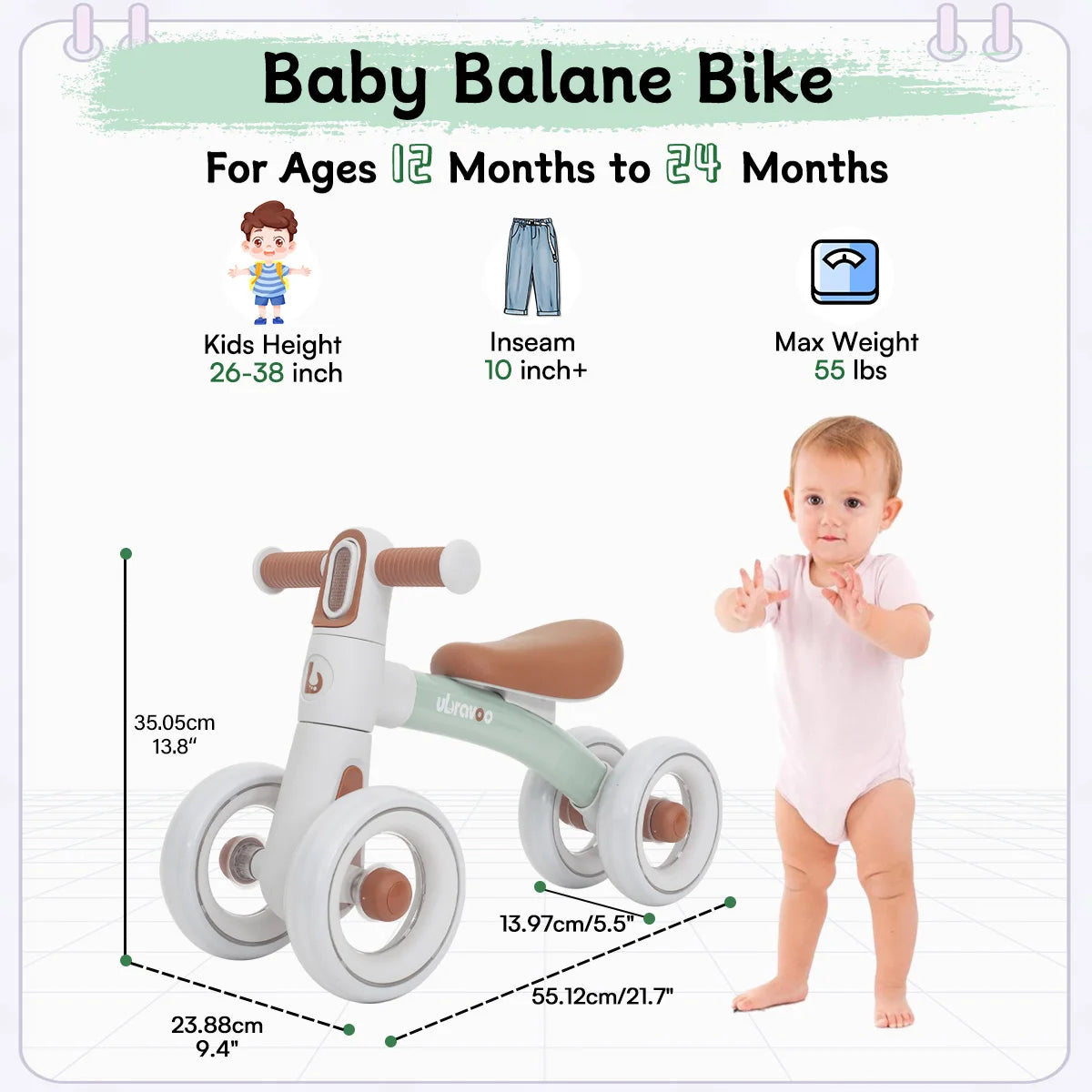 UBRAVOO Baby Slide Balance Bike For 12-24 Months, 3-Mode Headlight & 4 Transparent Silence Wheels, Riding on Toy