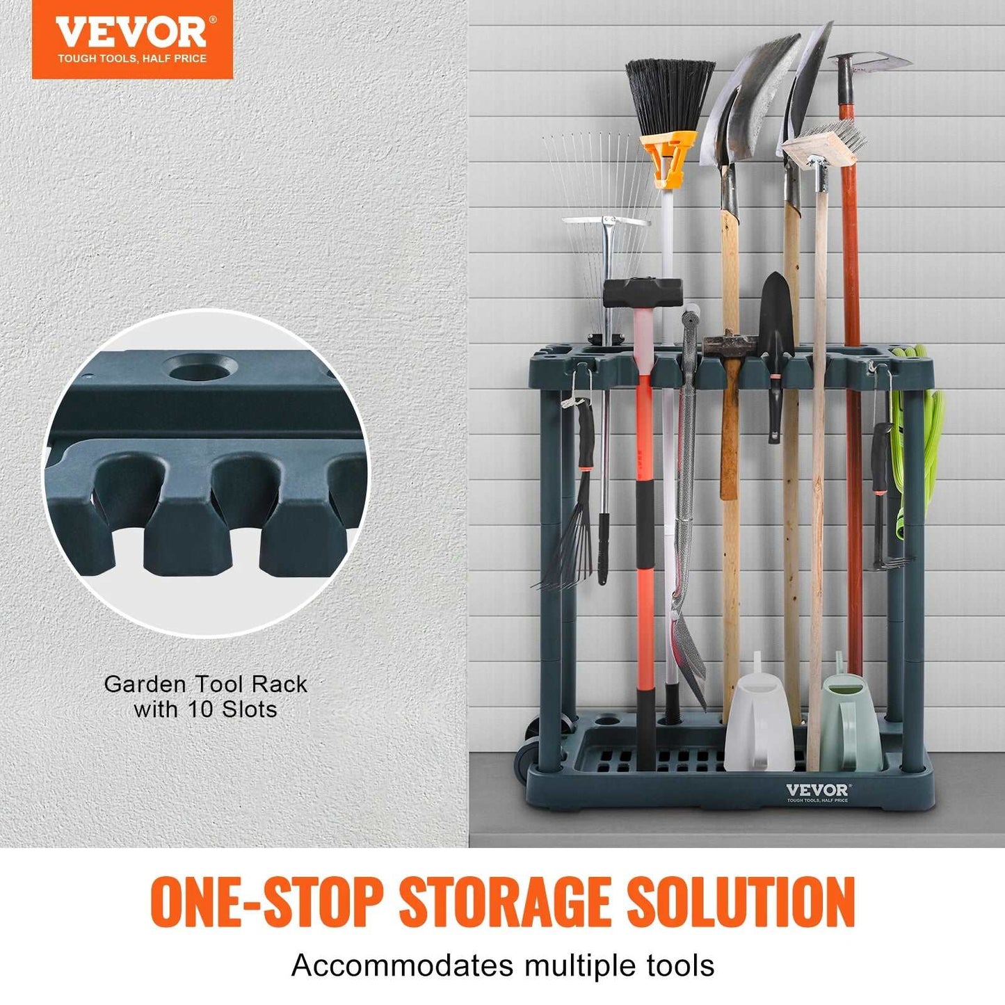 10 Slots Yard Garden Tool Organiser Long-Handled Tool/Rake/Broom Tower Storage Rack Stand Holder for Garage Organisation