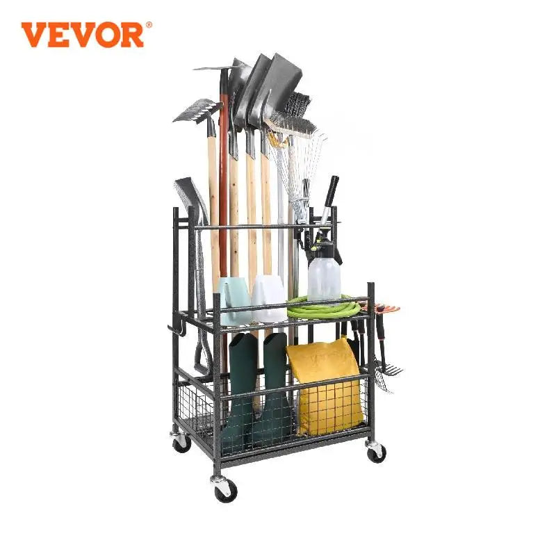 16 Slots Garden Tool Organiser Yard Tool Tower Rack With Hooks On Wheels Long-Handled Rake Stand Holder For Garage Shed Storage