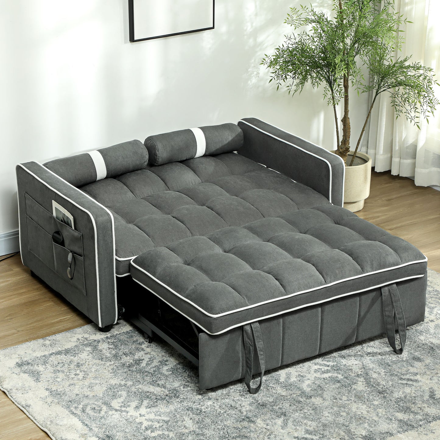 Two-Seater Linen-Look Sofa Bed - Charcoal Grey