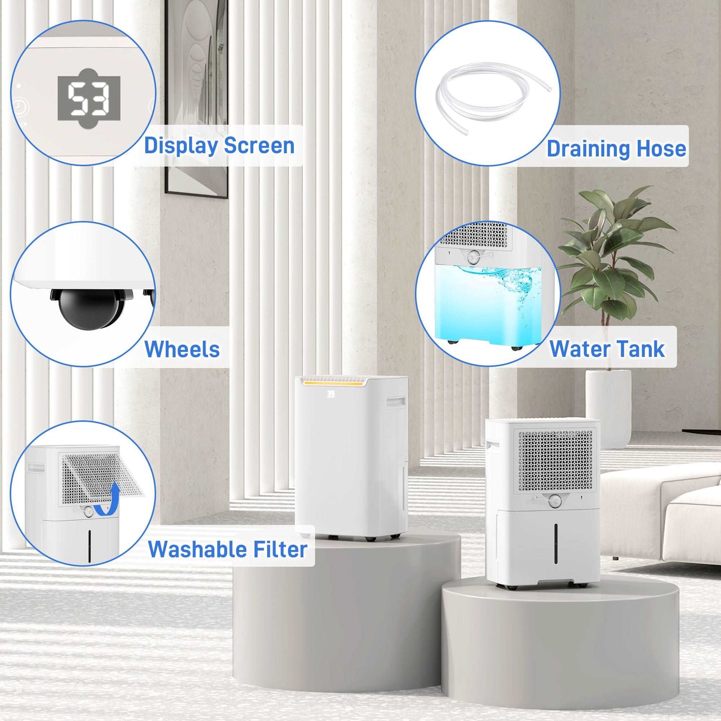 20L/Day Dehumidifier W/ Continuous Drainage, 2.5L Water Tank, 24H Timer On/off, Digital Humidity Display, Air Filter, Laundry Drying