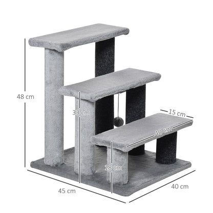 PawHut 3-step Pet Steps Stairs With Scratching Posts, Platforms, Toy Ball, Grey