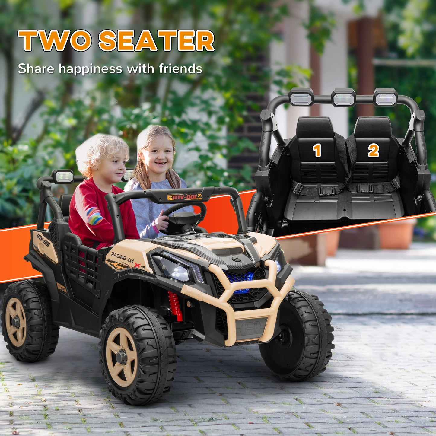 AIYAPLAY 24V 2 Seater Kids Electric Car with Remote Control, Suspension System,  Slow Start, 3 Speeds, for 3-8 Years, Khaki / Black