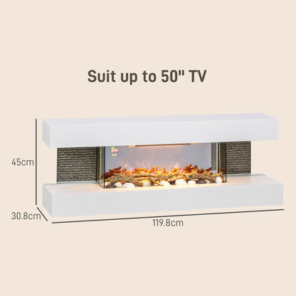 47inch / 120cm Electric Fireplace Wall Mounted, Freestanding, Glass Fire Suite W/ Mantel, Adjustable LED Flame Effect, Log, Pebble, 2000W, White