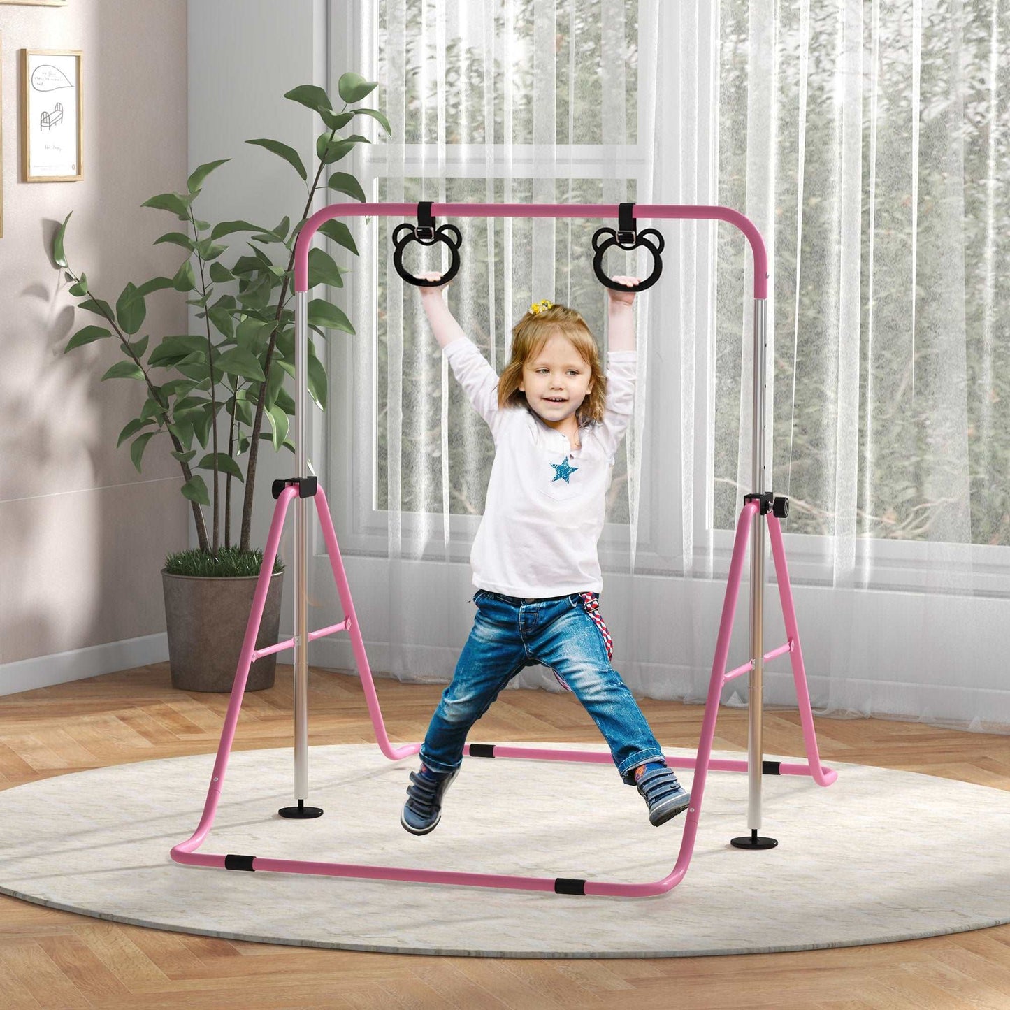 Adjustable Height, Foldable Kids Gymnastics Bar w/ Non-Slip Mats, for 3+ Years, Pink