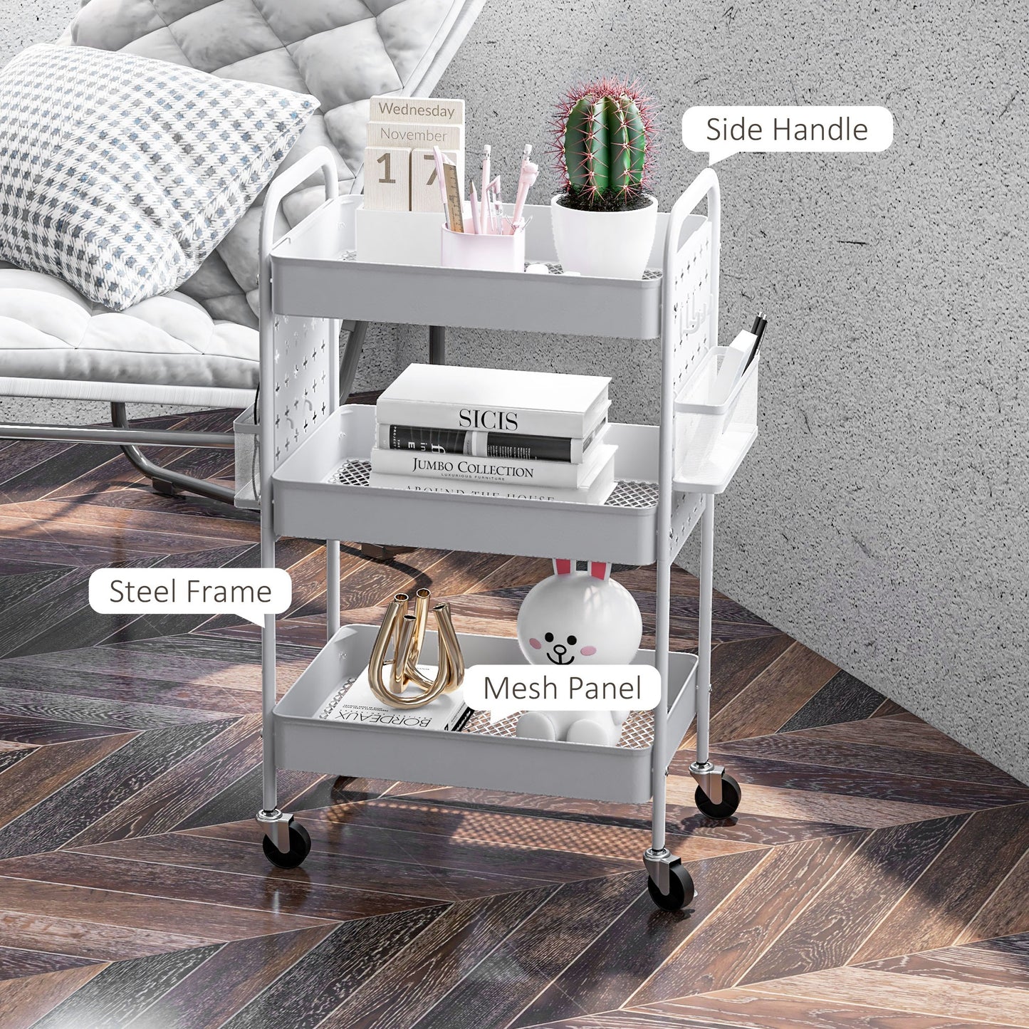 3-tier Storage Trolley on Wheels, Rolling Utility Serving Cart with 3 Mesh Baskets, 2 Hanging Boxes and 6 Hooks for Living Room, Kitchen, White