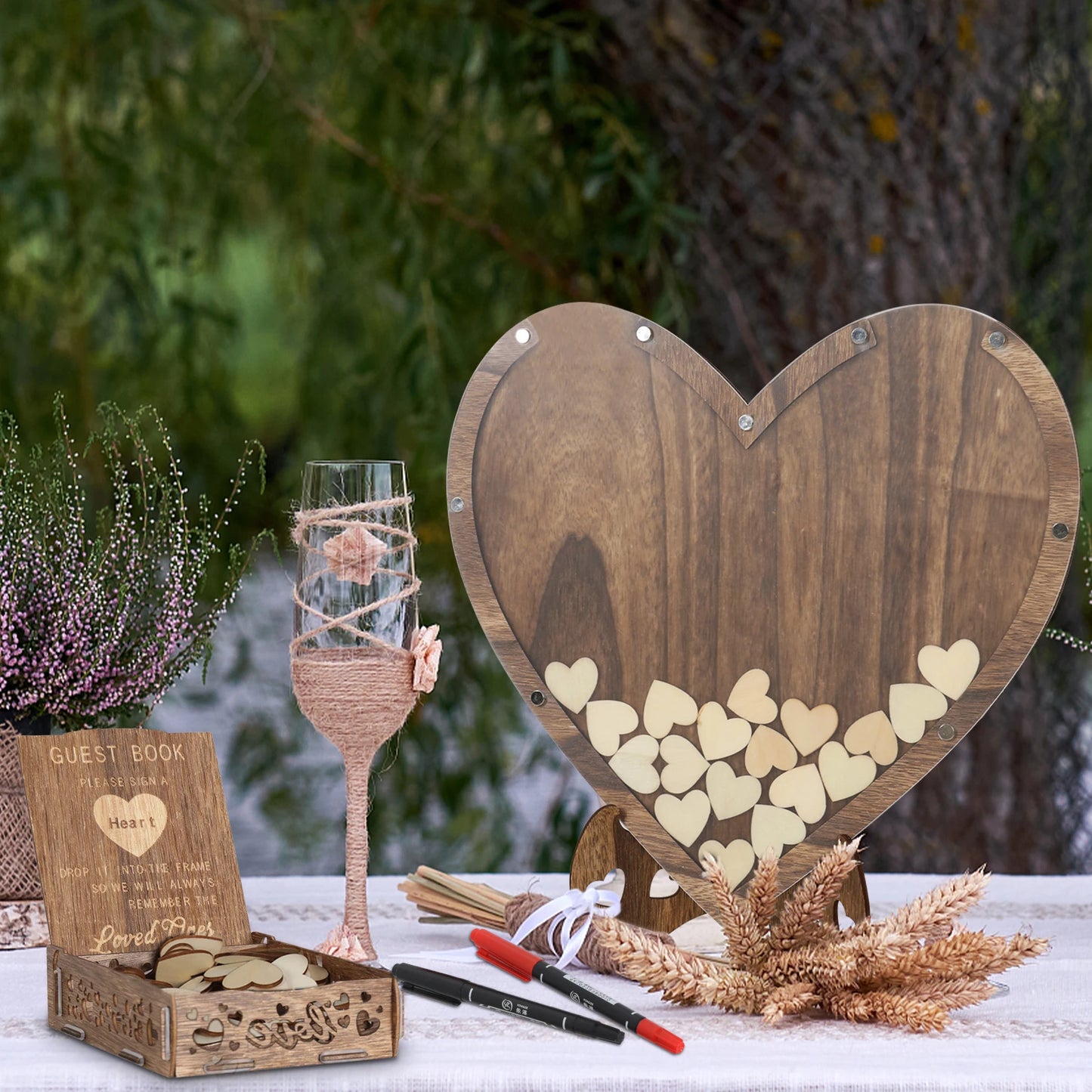 Wedding Guest Book Wooden 88 Pieces Heart-shaped Bracket Pastoral Wedding Storage Box Birthday Message Carving Carbonized Wood