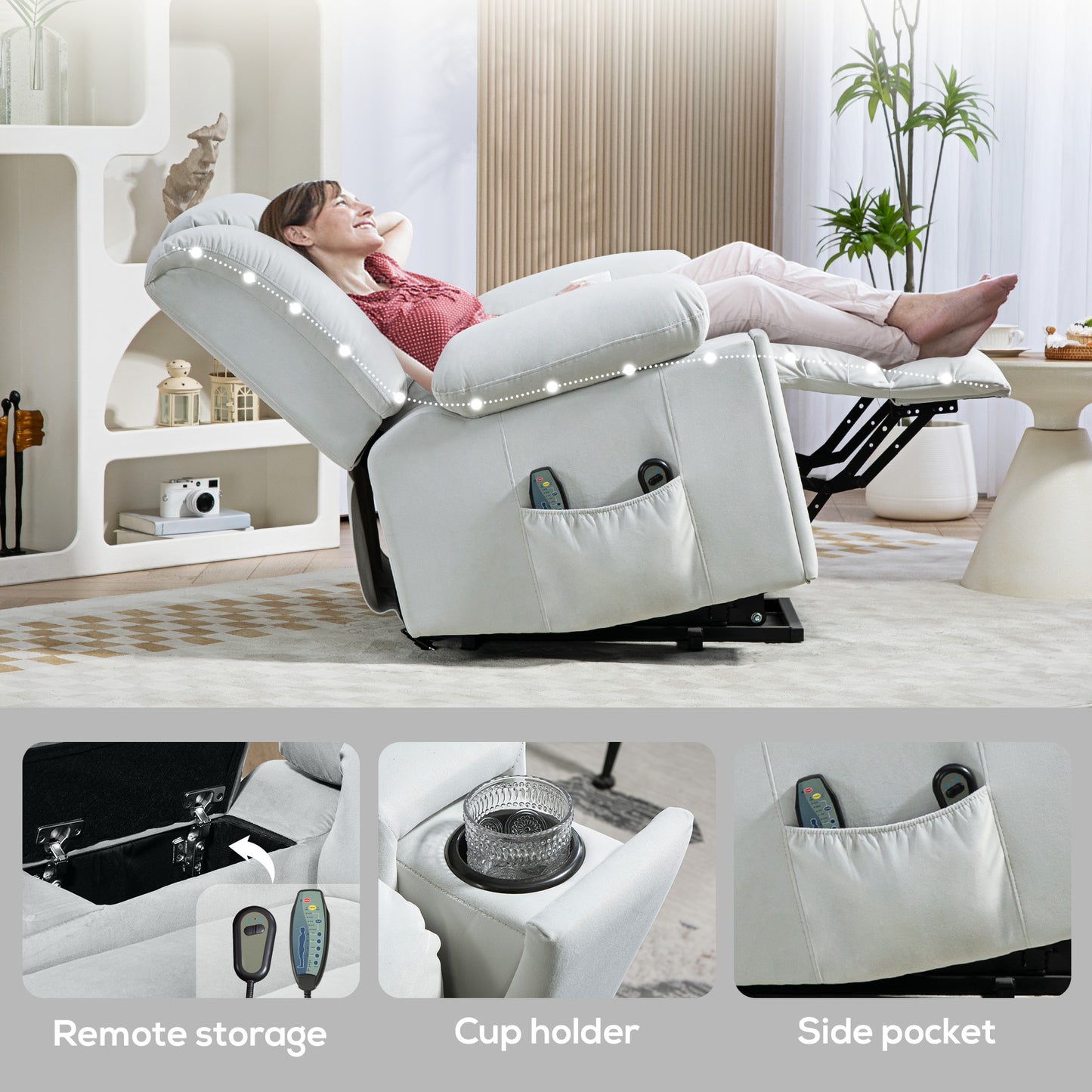 Power Lift Recliner Chair with Vibration Massage and Heat, Electric Lift Chair, Overstuffed Fabric Riser and Reclining Armchair - Light Grey