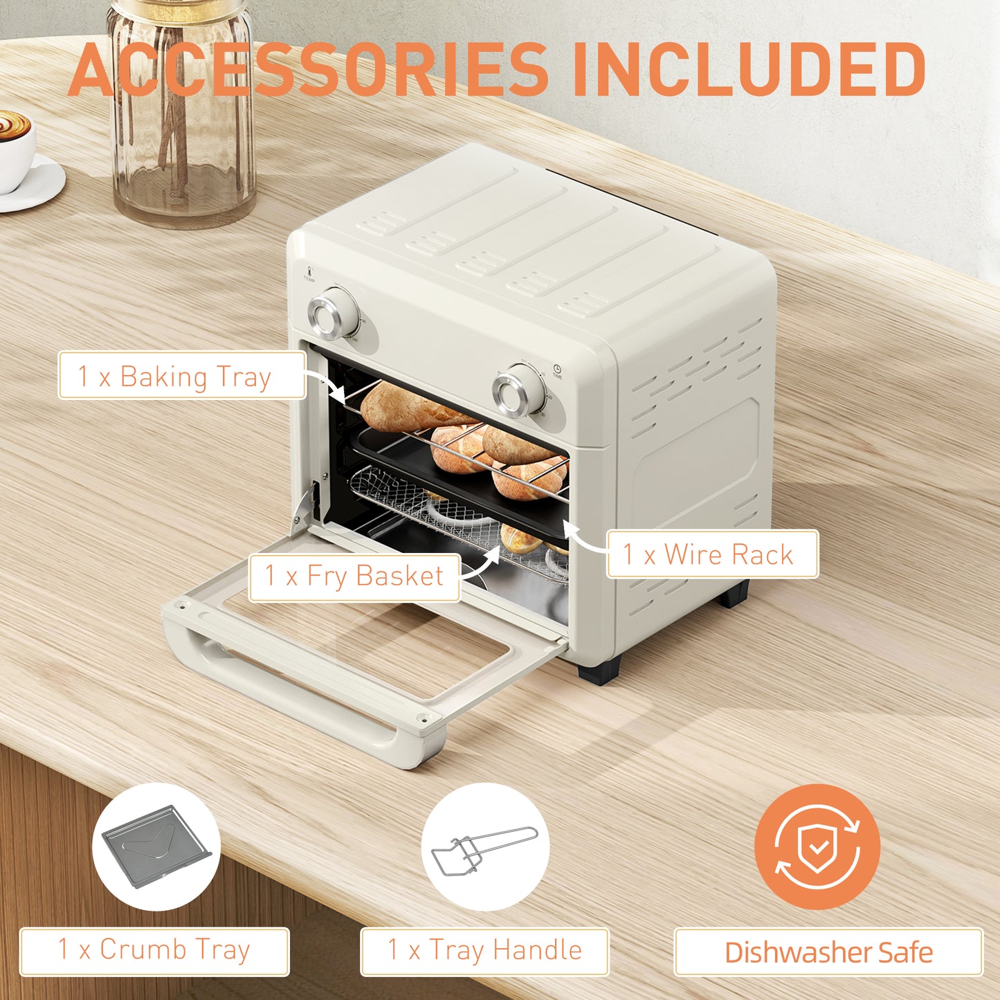 Vintage Retro Style Table Top 10L Air Fryer Oven, Mini Oven, Oil Free Cooking, Grill, Roast, Bake, with 1000W, Cream White