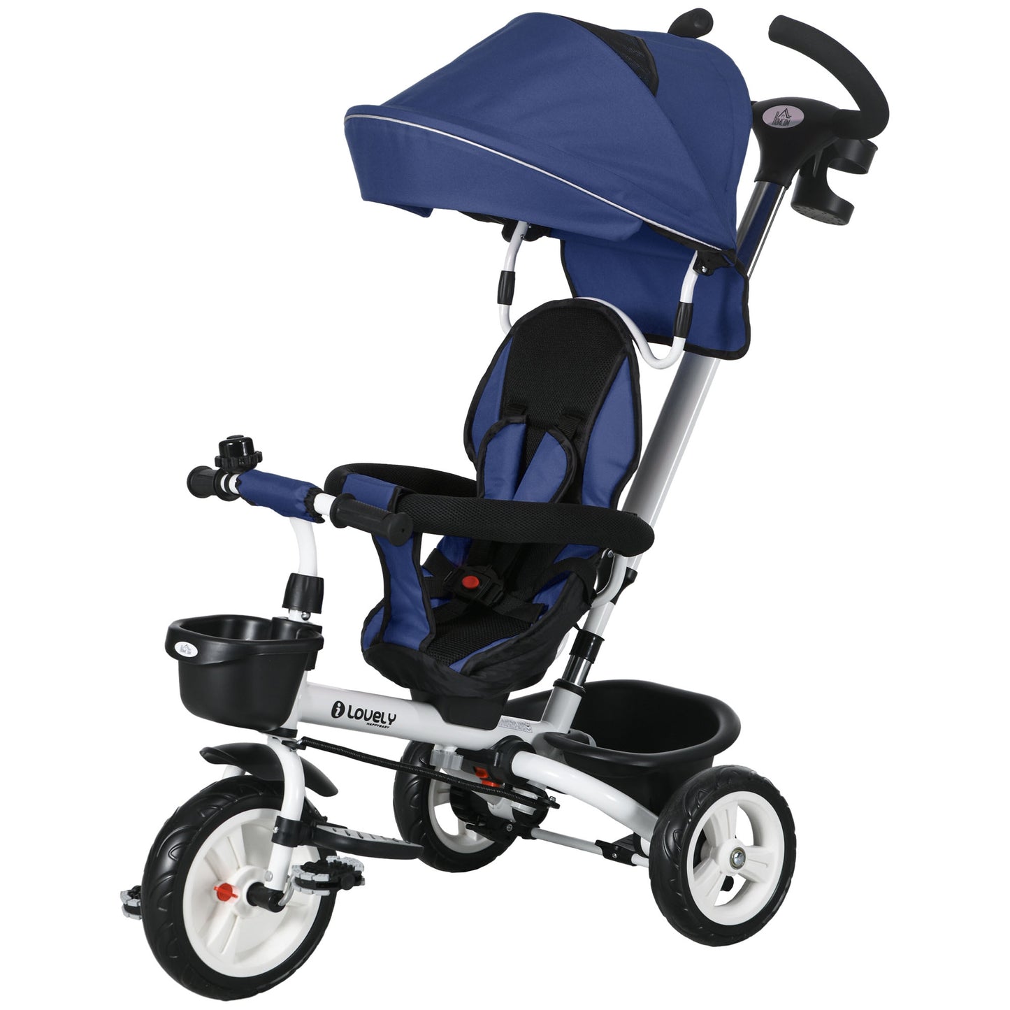 Metal Frame 4 in 1 Baby Push Tricycle with Parent Handle for 1-5 Years Old, Dark Blue