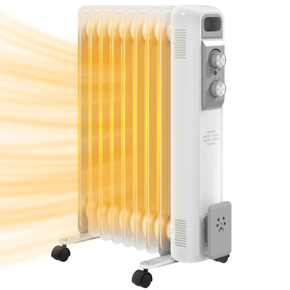 2000W Quiet Oil Filled Radiator, 9 Fin Energy Efficient Electric Heater with 3 Heat Settings, Adjustable Temperate, Safety Tip Over W/ Wheels