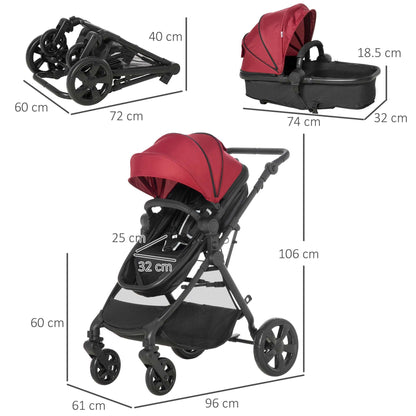 2 in 1 Lightweight Pushchair w/ Reversible Seat, Foldable Travel Baby Stroller w/ Fully Reclining From Birth to 3 Years, 5-point Harness Red