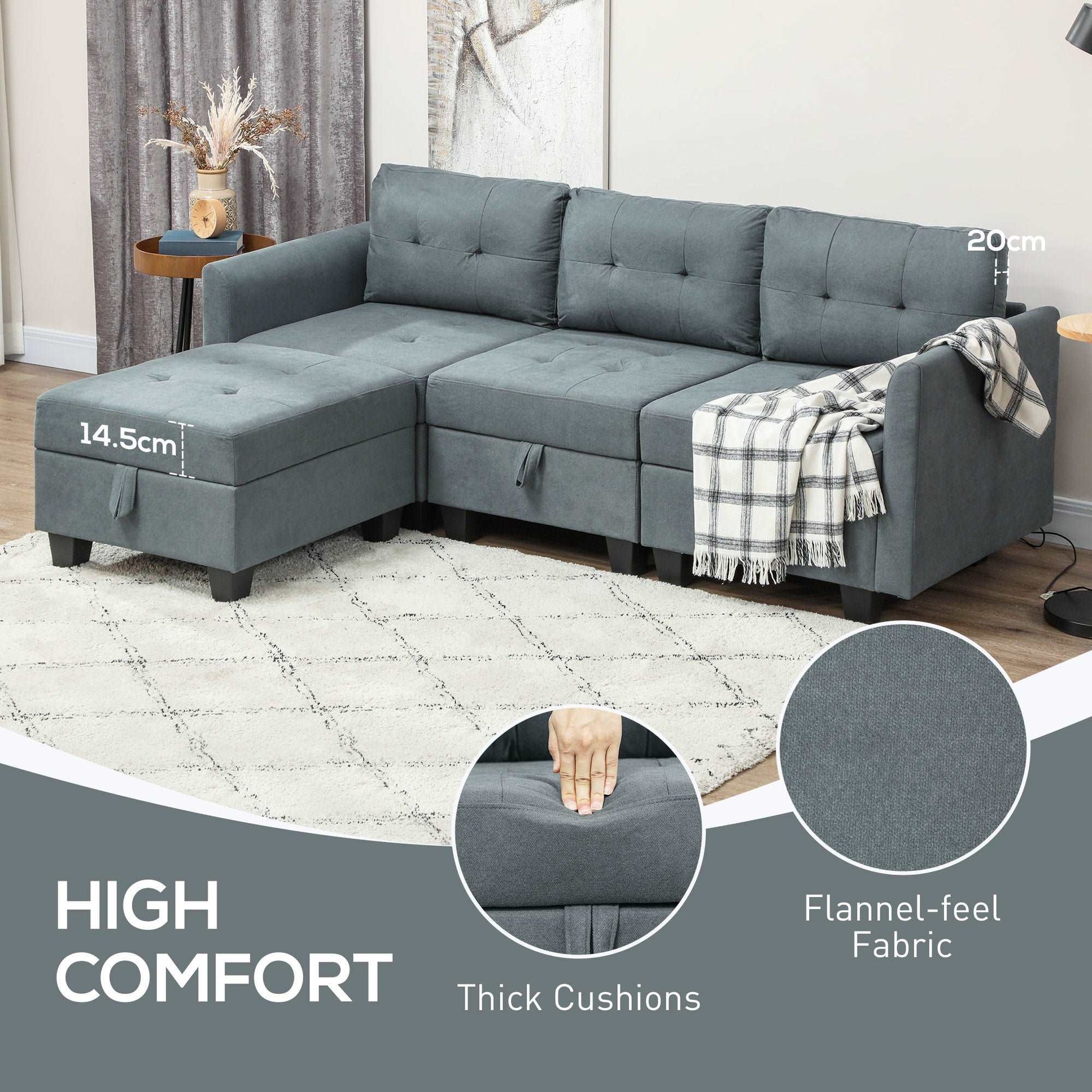 'L' Shape Modular Sofa, with Storage - Dark Grey