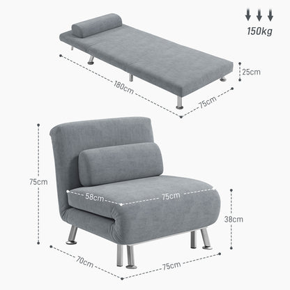 Single Sofa Bed, 1 Person Sleeper Foldable Lounge with Pillow, Grey