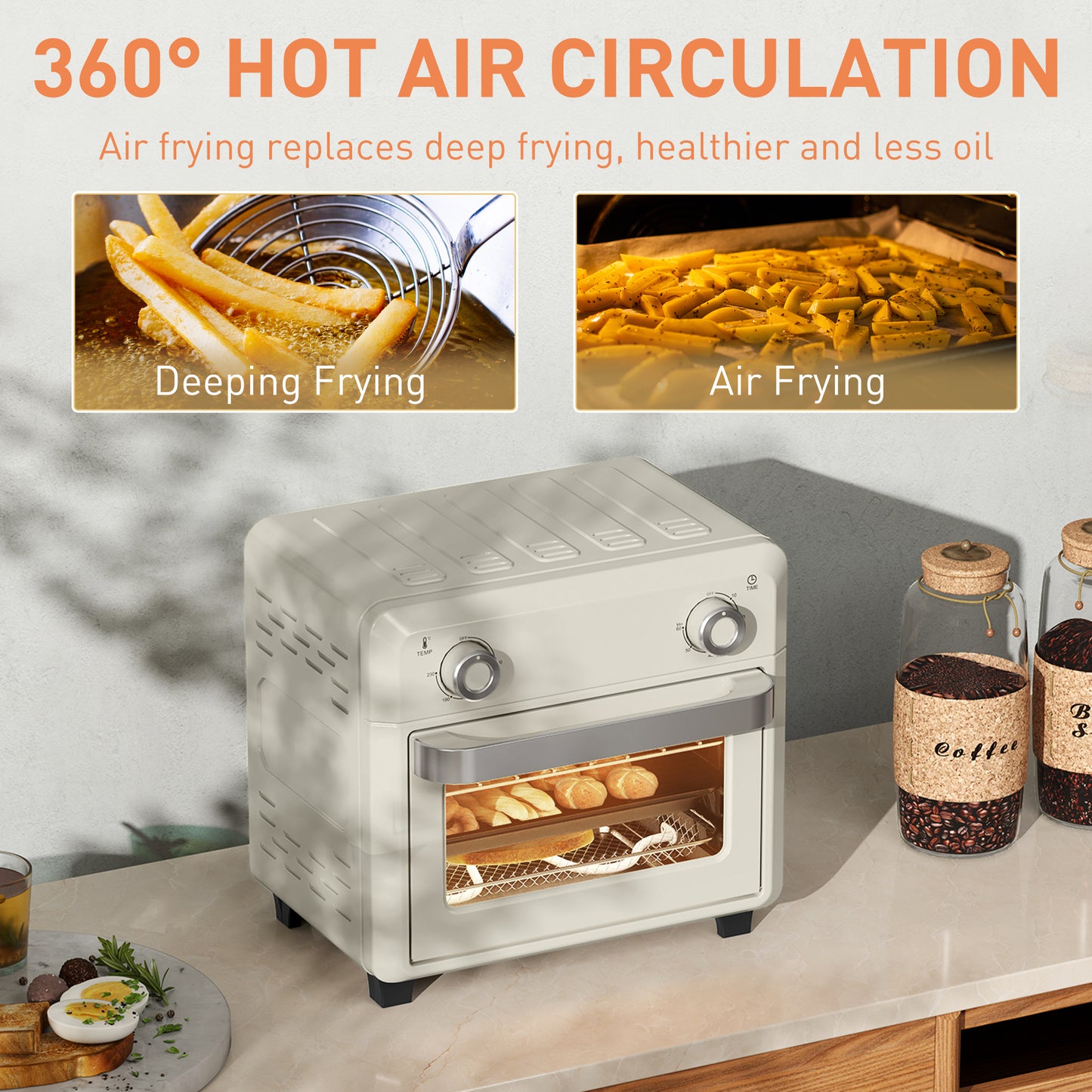 Vintage Retro Style Table Top 10L Air Fryer Oven, Mini Oven, Oil Free Cooking, Grill, Roast, Bake, with 1000W, Cream White