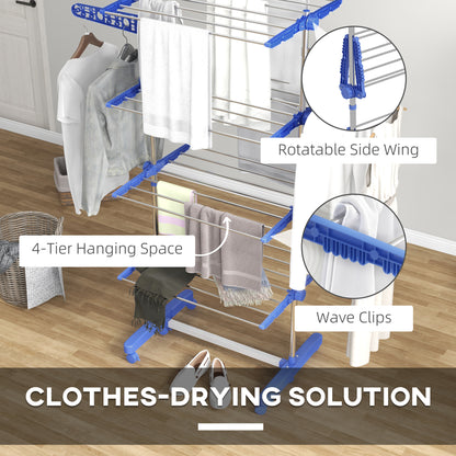 4-Tier Clothes Airer, Foldable Clothes Drying Rack, Indoor And Outdoor Clothes Dryer With Wheels and Wings, 142 x 55 x 172cm, Blue