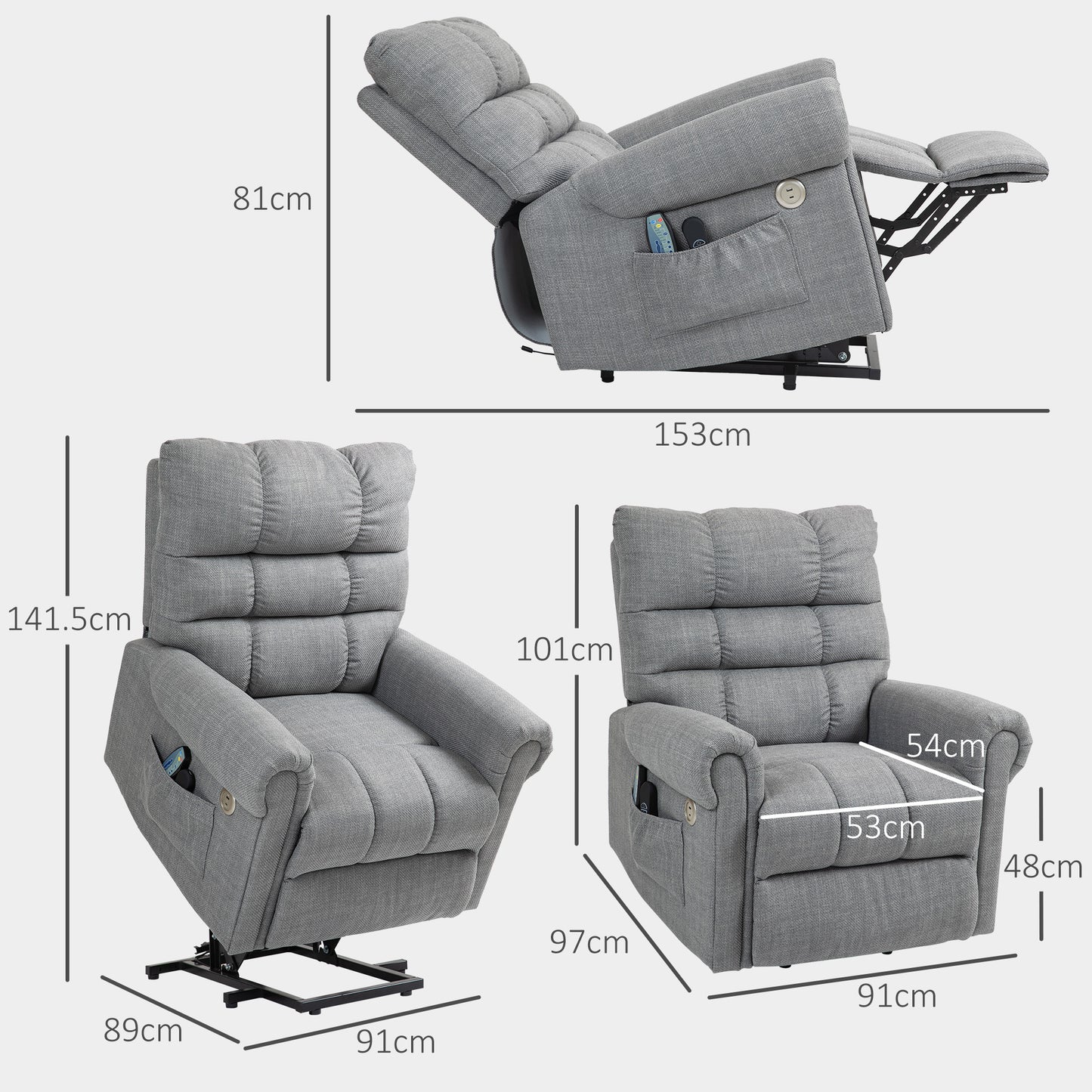 Power Lift Chair Electric Recliner Armchair with Massage and Heat, Type C and USB Ports, Fabric Riser and Reclining Chair - Grey