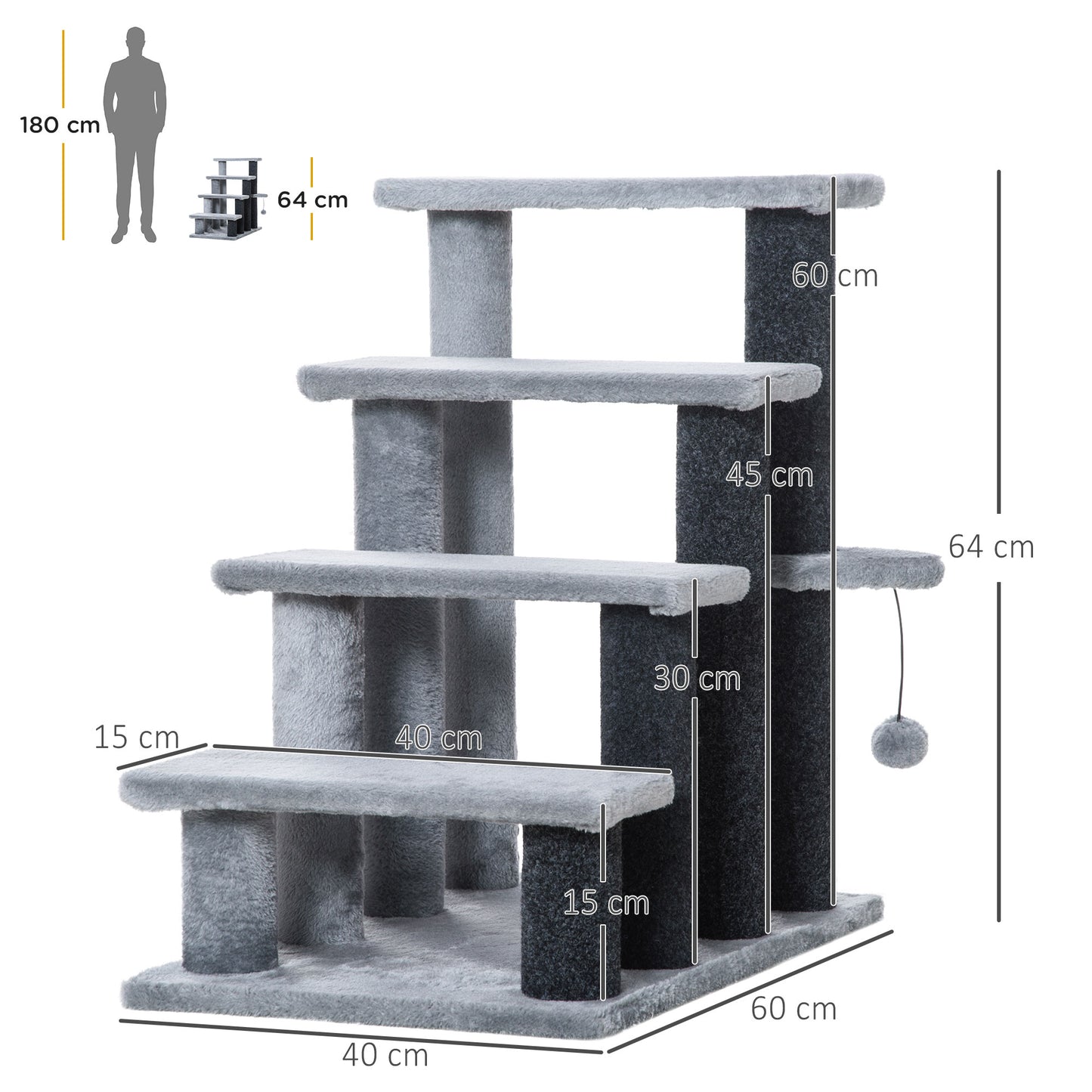 PawHut 4-step Pet Steps Stairs With Scratching Posts, Platforms, Toy Ball, Grey