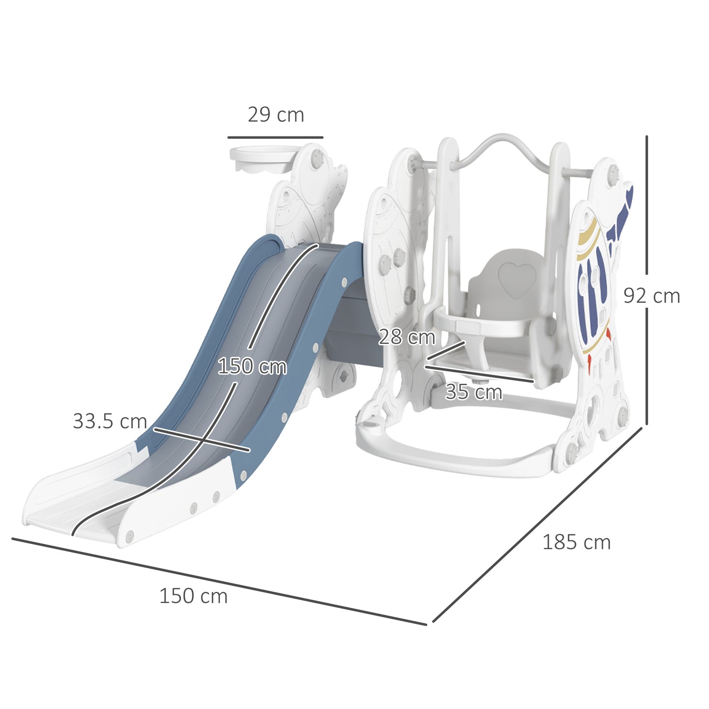 AIYAPLAY Space-Themed Kids Slide and Swing Set, with Basketball Hoop, Blue