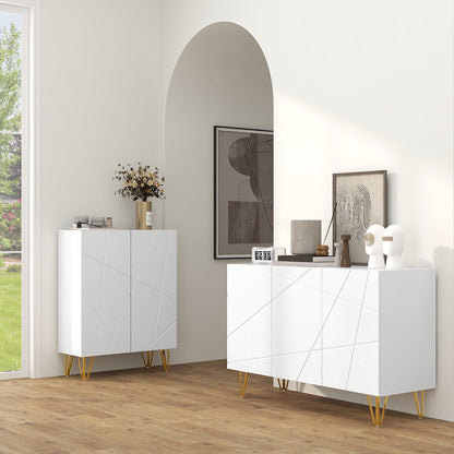 Storage Cabinet with High Gloss Front, Freestanding Sideboard W/ Adjustable Shelves, Soft-Close Doors and Gold Tone Hairpin Legs for Living Room - White