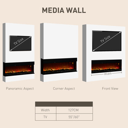 127cm Media Electric Fireplace Wall Mounted, Recessed, Freestanding, Glass Electric Fire with Adjustable LED Flame Effect 1800W, Black