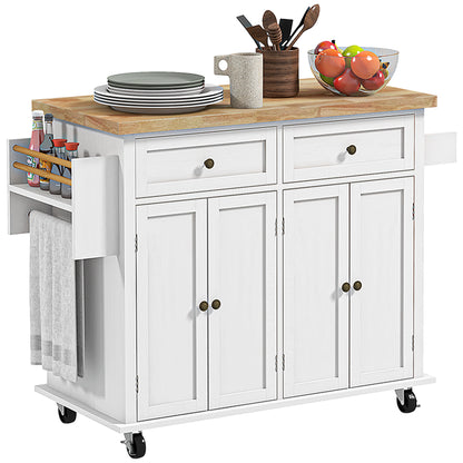 Rolling Kitchen Island Storage Trolley with Rubber Wood Top & Drawers for Dining Room, White