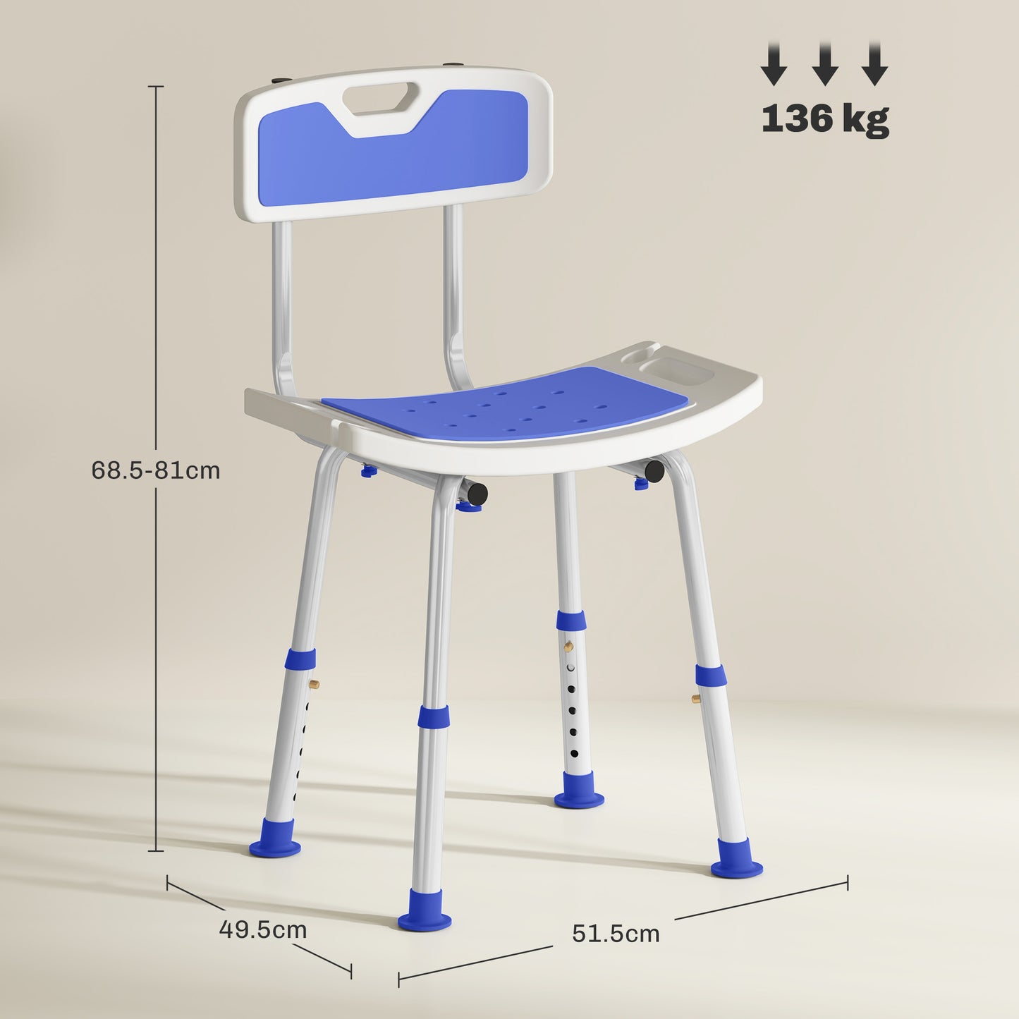 Shower Stool with Backrest, Height Adjustable Shower Chair, Shower Head Holder, Blue