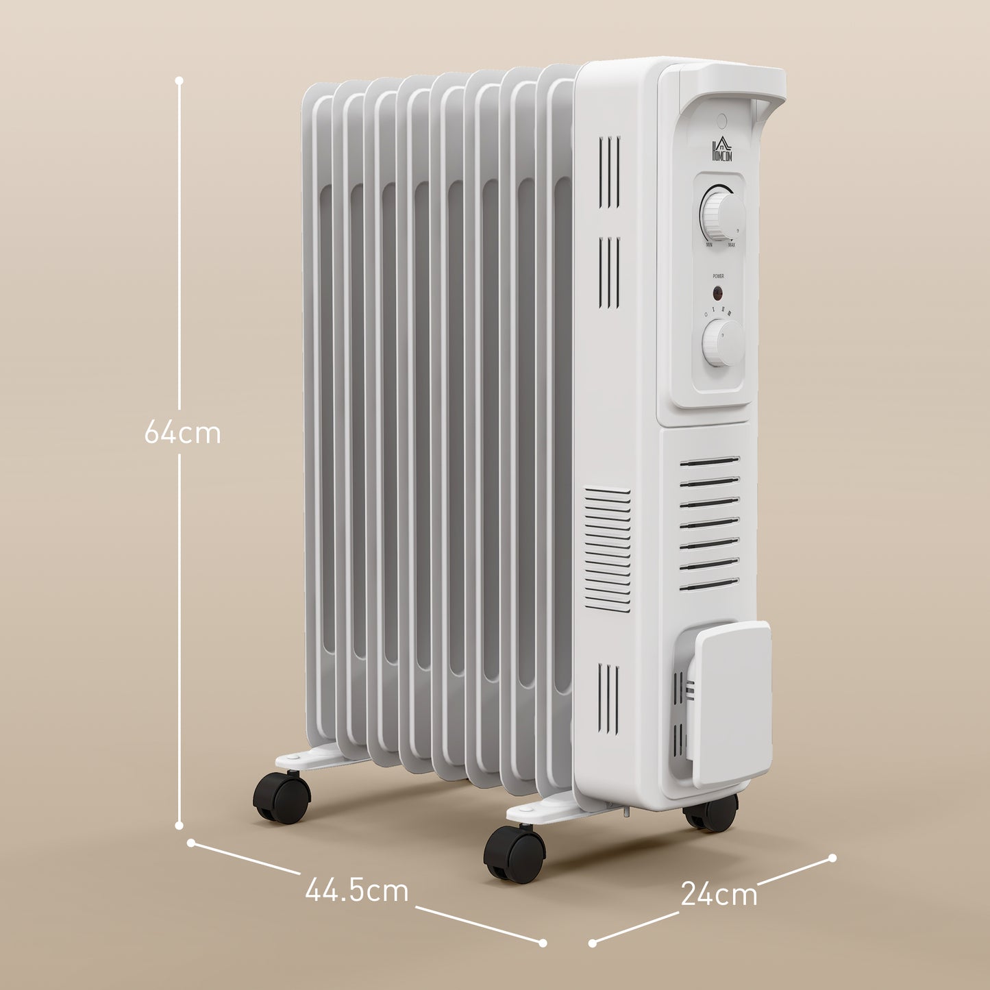 2000W Oil Filled Radiator, 9 Fin Energy Efficient Portable Electric Heater with 3 Heat Settings, Adjustable Thermostat, Safety Tip Over