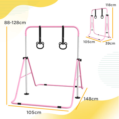 Adjustable Height, Foldable Kids Gymnastics Bar w/ Non-Slip Mats, for 3+ Years, Pink