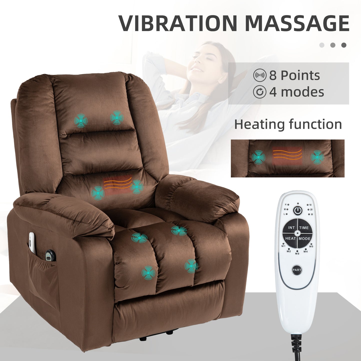 Lift Chair, Quick Assembly, Electric Riser And Recliner Chair With Vibration Massage, Heat, Side Pockets