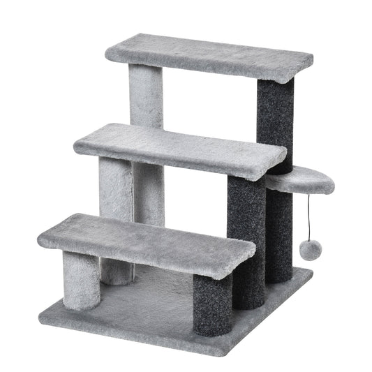 PawHut 3-step Pet Steps Stairs With Scratching Posts, Platforms, Toy Ball, Grey