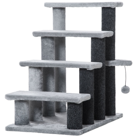 PawHut 4-step Pet Steps Stairs With Scratching Posts, Platforms, Toy Ball, Grey