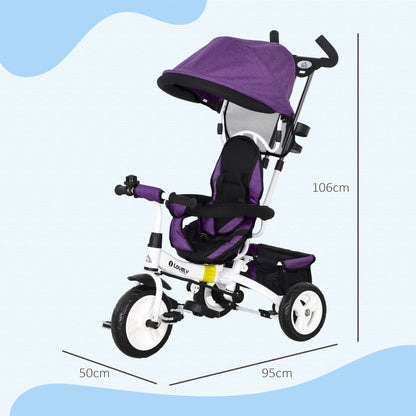 4 in 1 Kids Trike Push Bike w/ Push Handle, Canopy, 5-point Safety Belt, Storage, Footrest, Brake, for 1-5 Years, Purple