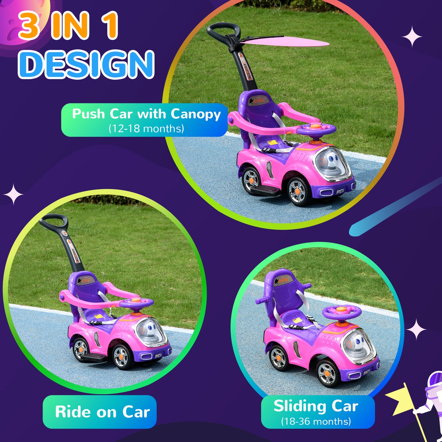 AIYAPLAY 3 in 1 Ride on Push Car, Cartoon Robot Theme Foot to Floor Slider w/ Handle Light Music Horn, Storage - Pink