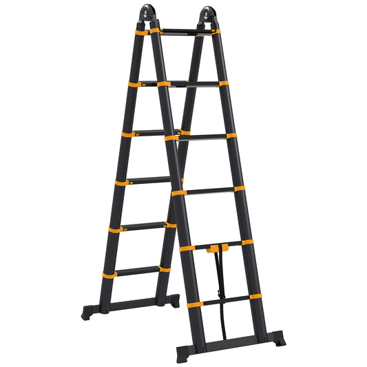 3.8M Duo Aluminium Ladder w/ Tool Holder Herringbone Deployed Extendable DIY w/ 12 Non-Slip Steps, Yellow