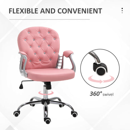 Vinsetto Office Chair Ergonomic 360° Swivel PU Diamante Padded Base 5 Castor Wheels for Home Work Pink