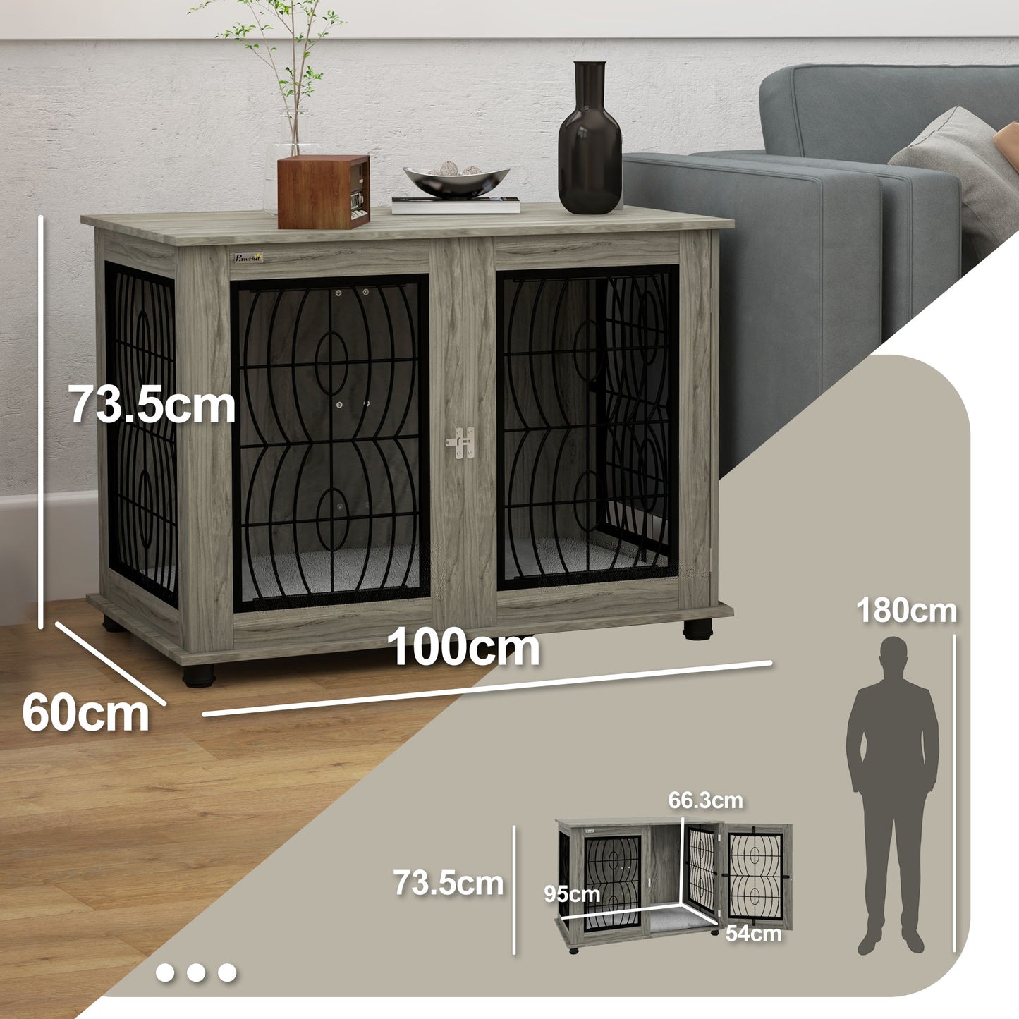 PawHut 37" Indoor Dog Crate Furniture End Table with Soft Washable Cushion, Lockable Front Door, for Large Dogs