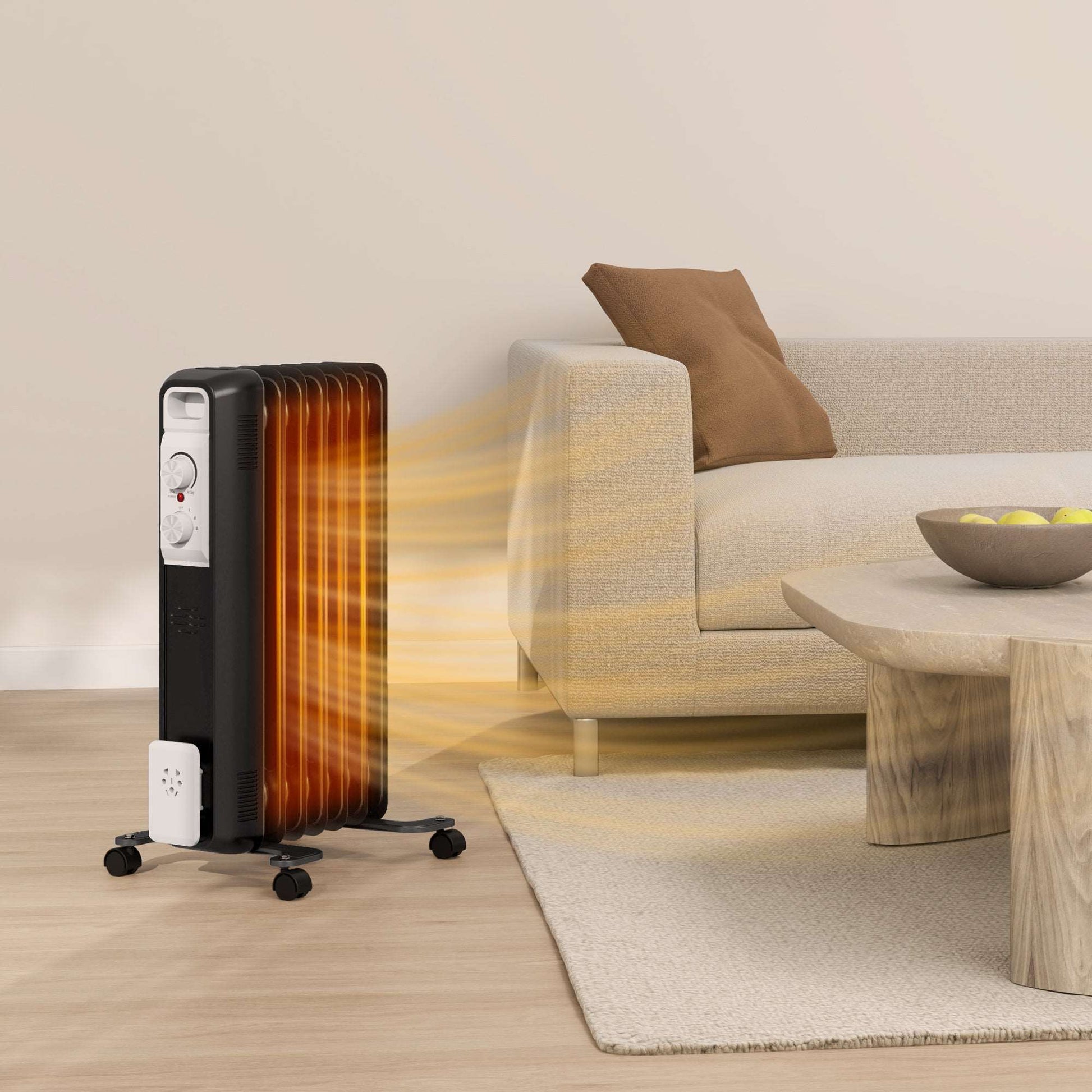 1500W Quiet Oil Filled Radiator, 7 Fin Energy Efficient Electric Heater W/ 3 Heat Settings, Adjustable Temperate Wheels, for Home