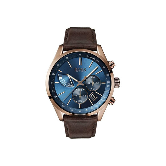 Hugo Boss Leather Strap Chronograph Quartz Men's Wrist Watch Blue & Brown