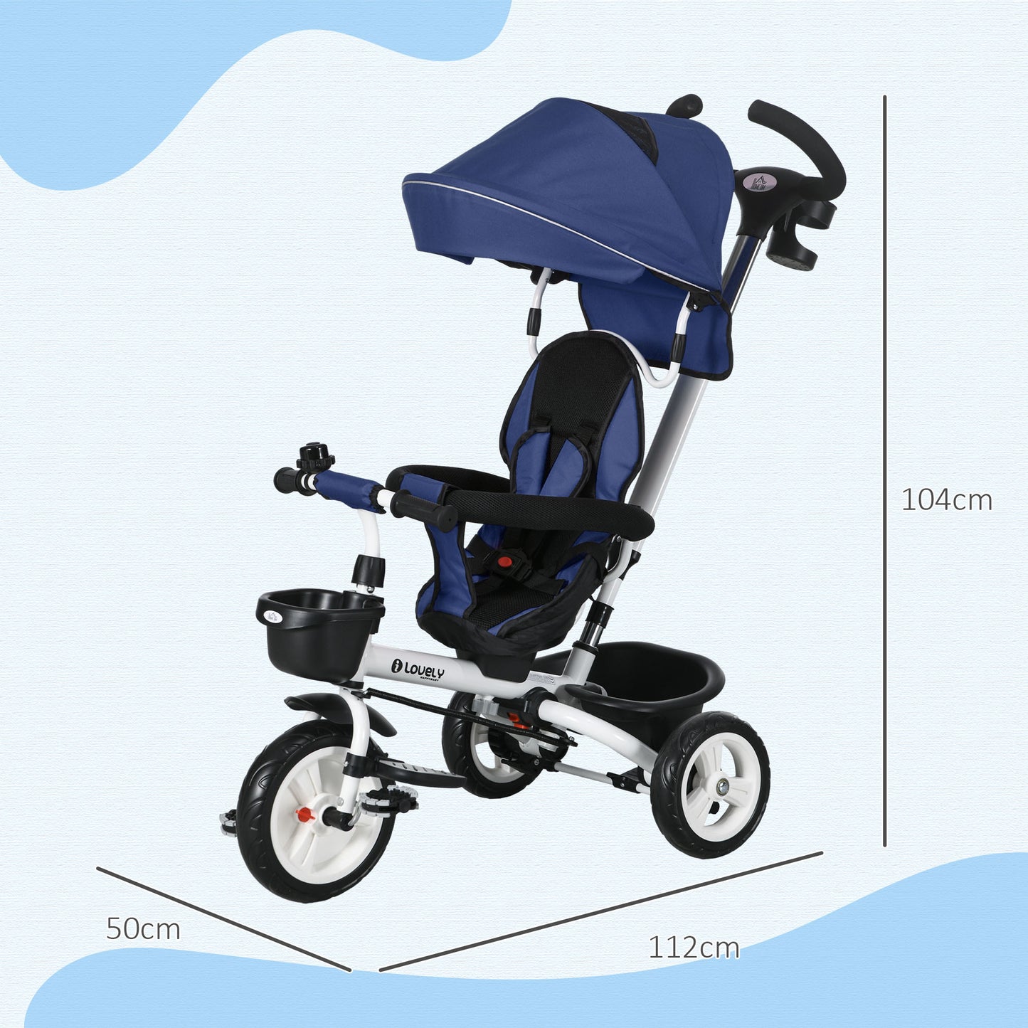 Metal Frame 4 in 1 Baby Push Tricycle with Parent Handle for 1-5 Years Old, Dark Blue