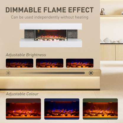 47inch / 120cm Electric Fireplace Wall Mounted, Freestanding, Glass Fire Suite W/ Mantel, Adjustable LED Flame Effect, Log, Pebble, 2000W, White