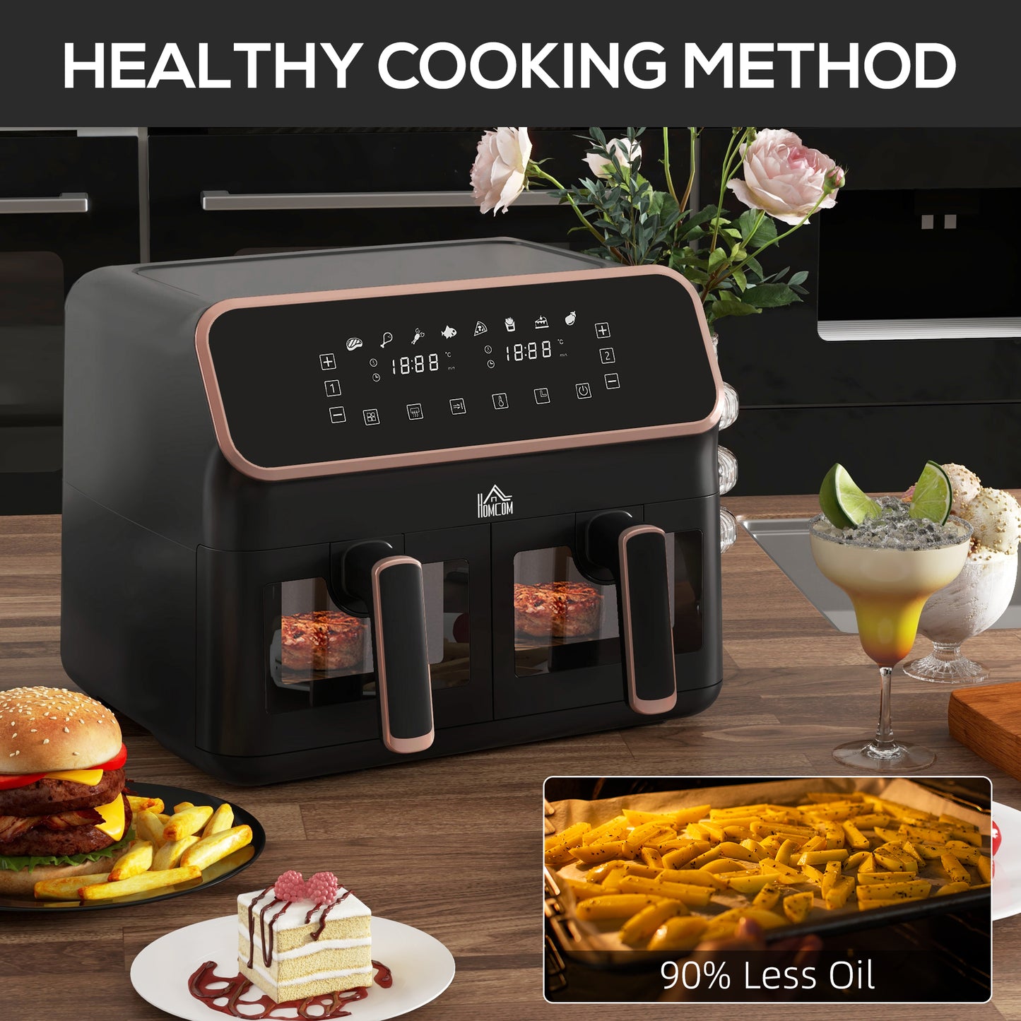 Dual Air Fryer, 8L Family Size Double Air Fryer Oven with 8-In-1 Presets, Digital Display, Visual Window, Recipe, Oil Free Healthy Cooking Gold Tone