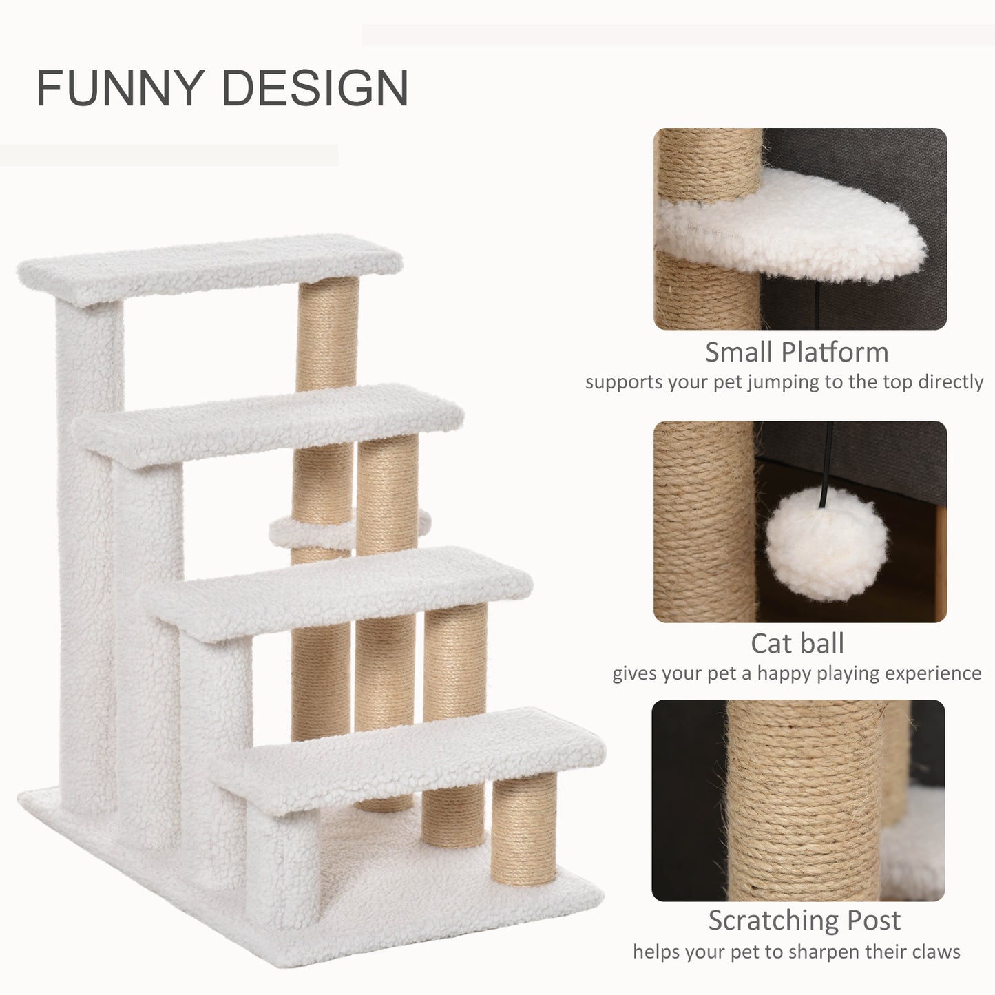 PawHut Pet Stairs with 4-step Climb Ladder, Scratching Posts, Platforms, Toy Ball, for Indoor Elderly Cats Kittens, White