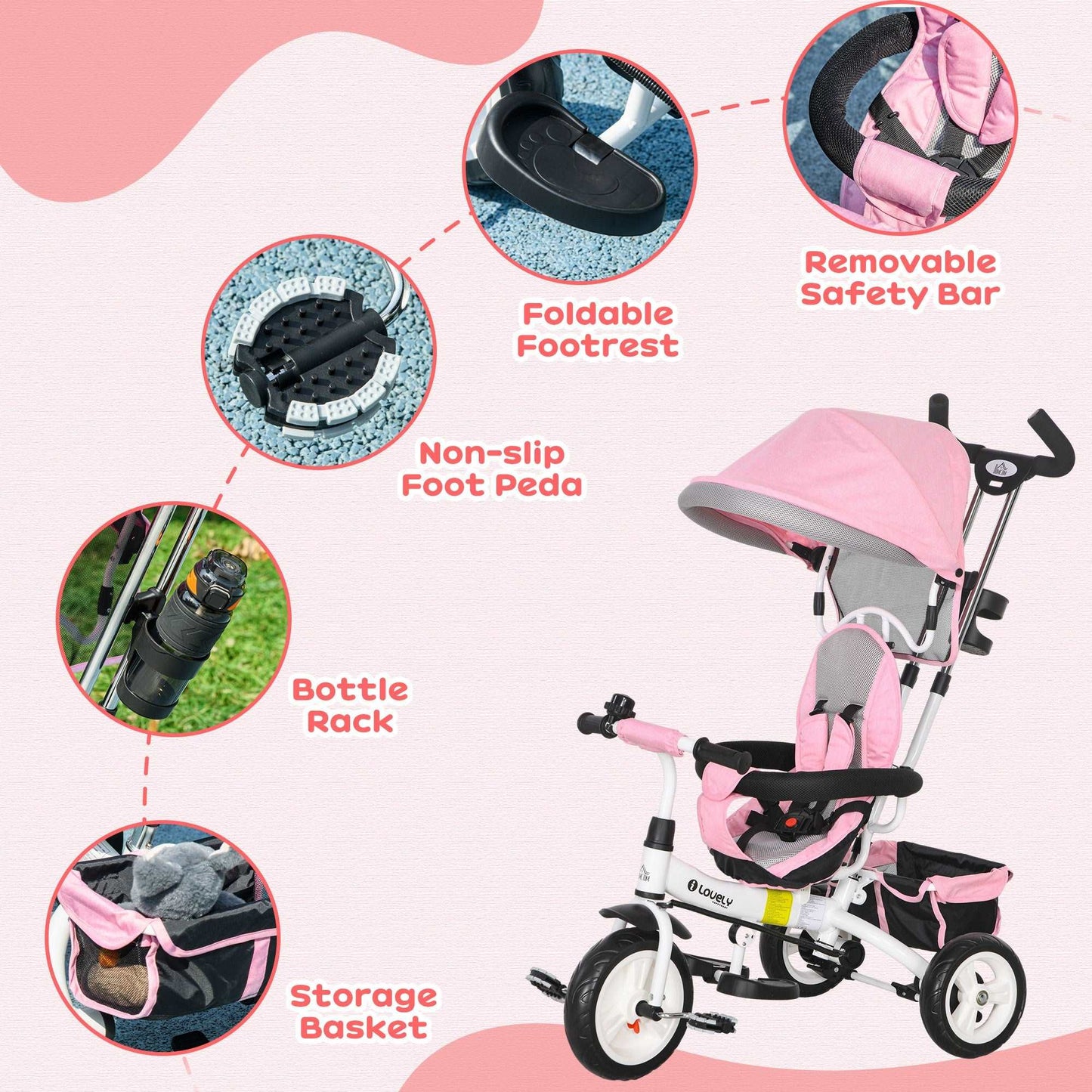 4 in 1 Kids Trike Push Bike w/ Push Handle, Canopy, 5-point Safety Belt, Storage, Footrest, Brake, for 1-5 Years, Pink