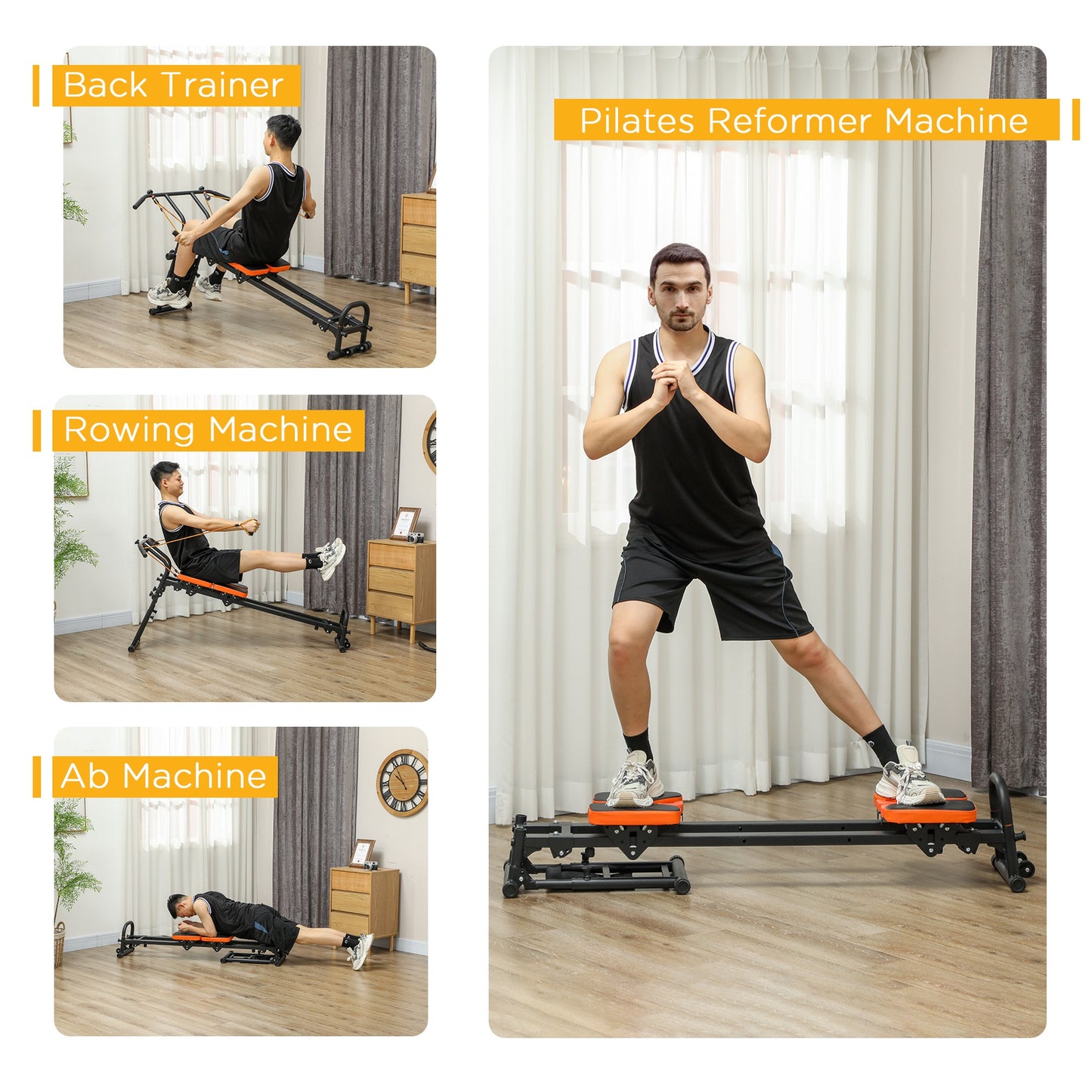 SPORTNOW Flat or Incline Home Gym Equipment, Reformer Pilates Machine, Ab Machine, Rower, with Adjustable Push Up Bar