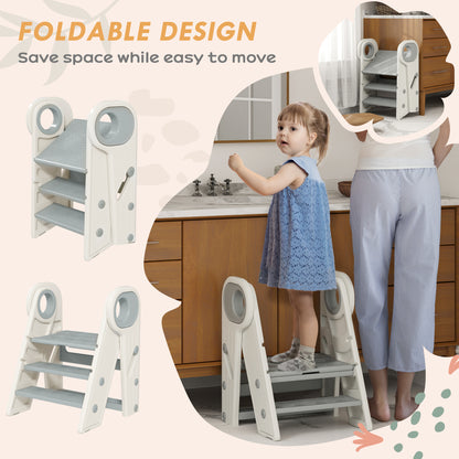 AIYAPLAY Foldable & Adjustable Toddler Tower Kitchen Stool Helper with Handle, Non-Slip, Grey