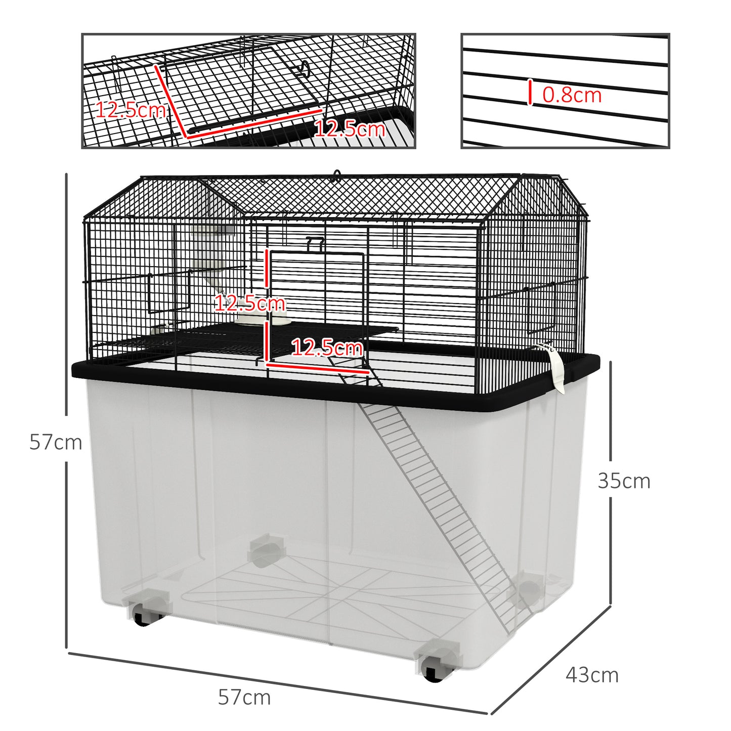 PawHut Two-Tier Gerbil Cage, Hamster Cage for Dwarf Hamster, Syrian Hamster w/ Wheels, Deep Bottom, Food Dish, Water Bottle